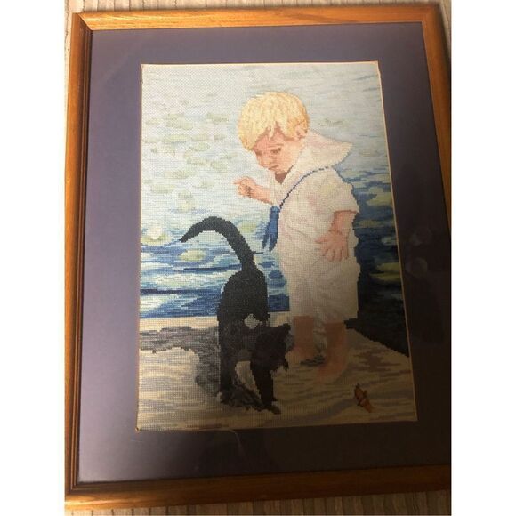Finished and Framed Cross Stitch Janlynn Cross Stitch "Boy With Cat" 21” x 17” - Picture 9 of 11